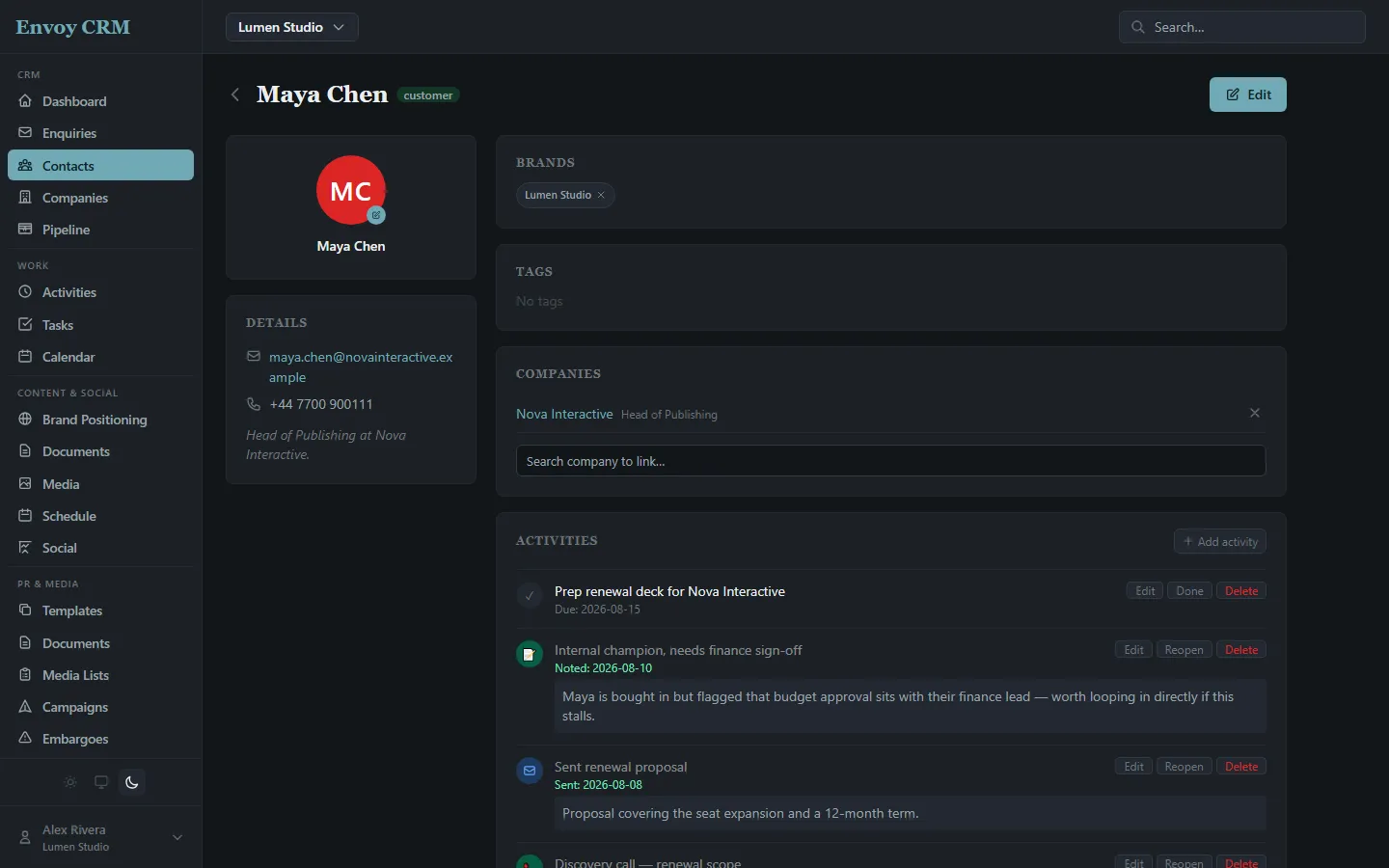 A contact's detail page showing calls, emails, notes, and tasks logged against them